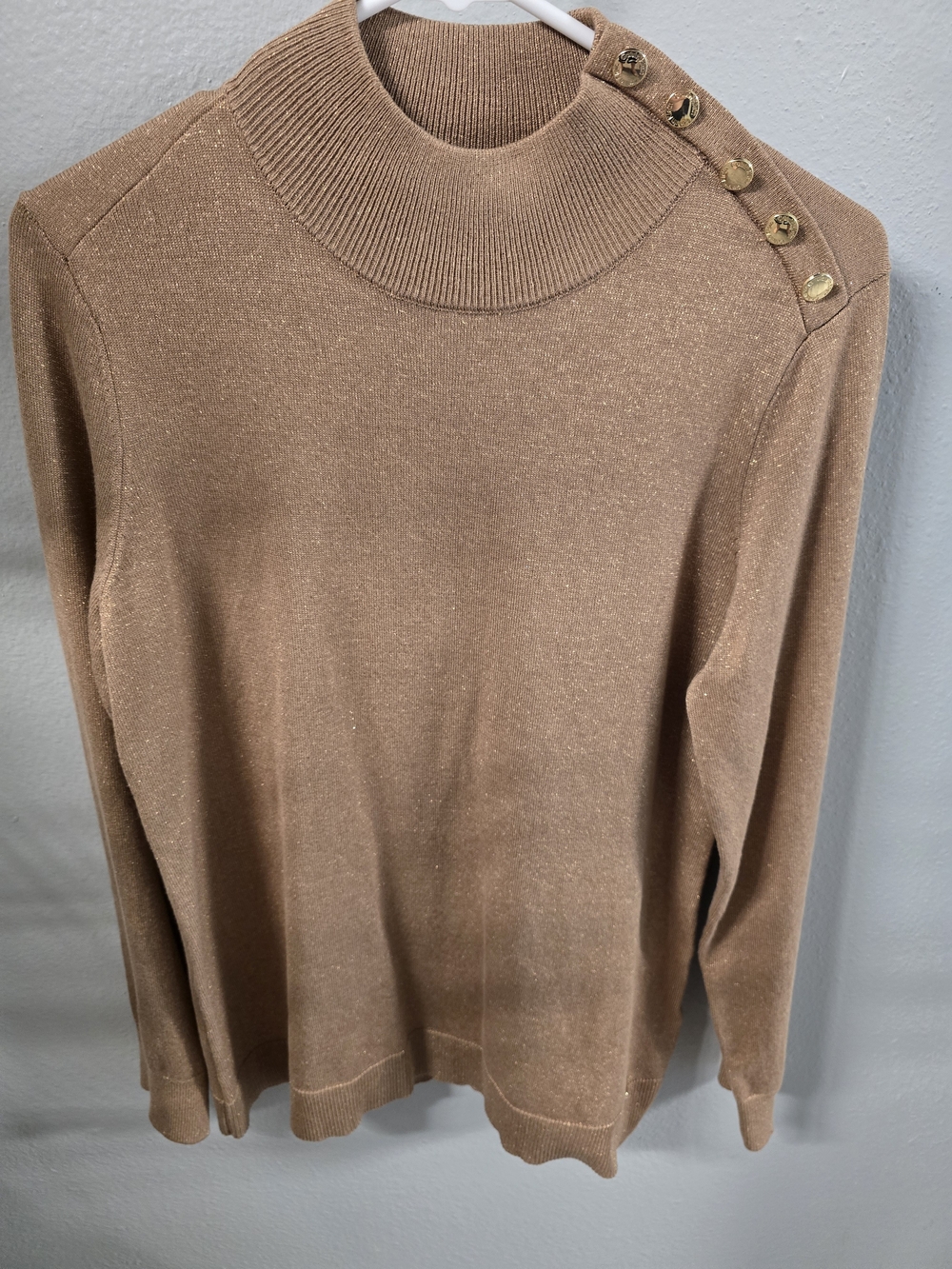 Calvin Klein Metallic Tan Mock Neck Sweater with Gold Buttons